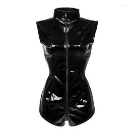 Women's Jumpsuits M7279 Sexy Black Zipper Womens Erotic Thong Jumpsuit PVC Faux Leather Catsuit Stripper Pole Leotard Skeleton Bodysuit Club