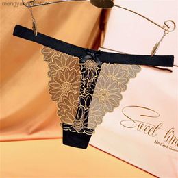 Briefs Panties Secret Daisies Floral Bow Tie Pink Thongs Women Embroidery Mesh G String See Through Sexy T Back Underwear Lingerie Femenina T23601