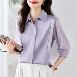 Women's Blouses Elegant Fashion Chic Mesh Sleeve Solid Colour Satin Women 2023 Office Lady Women's Clothing Korean Top Shirts