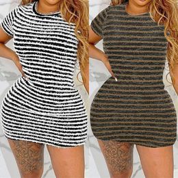 Casual Dresses Black White Striped Mini Women Short Sleeve O-neck Body-shaping Female Streetwear Clothing Outfits 2023