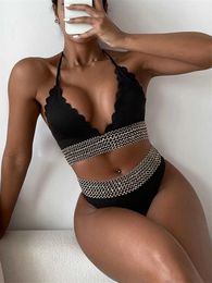 2023 New Women's Solid Black Strap Pleated V-Neck Bikini Set High Waist Two Piece Beach Swimwear P230530