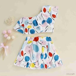 Clothing Sets Fashion Baby Kids Girls Summer One-shoulder Ruffled Vest with A-line Skirt Fruit Print Outfit