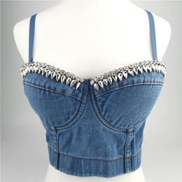 Women's Tanks 2023 Summer Fashion Women Denim Bustier Bra Padd Corset Top Rhinestone Cami Tops High Street Club Party Camisoles To Wear Out