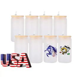 USA Stock 16oz Sublimation Glass Mugs Water Bottles Cup Blanks With Bamboo Lid Frosted Beer Can Glasses Tumbler Mason Jar Plastic Straw