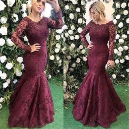 Bury Mermaid Mother of the Bride Dresses Long Sleeve Beading Appliques Lace Satin Special Ocn Party Evening Gowns