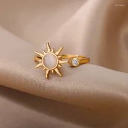 Cluster Rings Rotating Spinner Sun Opal Ring For Women Stainless Steel Open Adjustable Anti Stress Anxiey Retro Jewellery Friend Gift