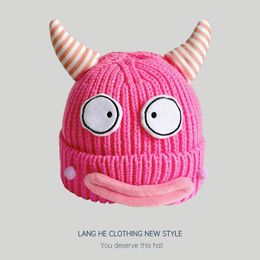 Beanie Skull Caps Cow Horn Funny Woolen Hat Autumn Winter Parent child Knitted Female Winter Children s Cute 231201