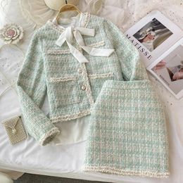 Work Dresses Ladies Temperament Loose Fragrance Short Sets To Dress Tweed Cropped Coat Bow White Shirt Three-Piece Suit Skirt 2023