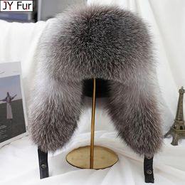 Trapper Hats Winter Men's 100% Real Silver Fox Fur Bomber Hat Raccoon Fur Ushanka Cap Trapper Russian Man Ski Hats Caps Real Leather 231201