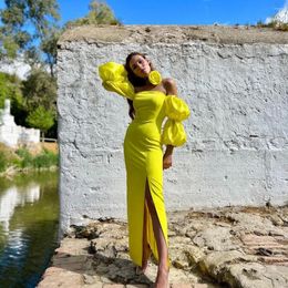 Casual Dresses Bright Yellow Mermaid Party Fluffy Long Sleeves Boat Nek Strapless Side Slit Stretchy Slim Women Maxi Dress