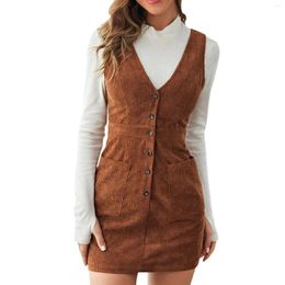 Casual Dresses Vintage Corduroy Womens Dress Elegant Suspenders Overalls Vestidos Female Button Down Shirt Tank Mini Robe Femme