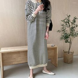 Casual Dresses Woman Striped Winter Solid Elegant Clothing Vintage Warm Knitted Sweater Dress Women 2023 Korean Autumn Thick Hooded