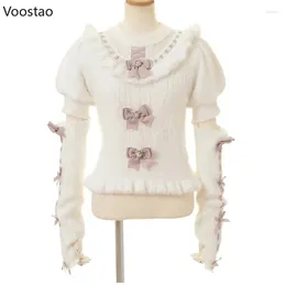 Women's Sweaters Sweet Lolita Style Knitted Pullover Autumn Japanese Girls Cute Bow Ruffles Knitwear With Plush Oversleeve Women Harajuku