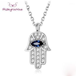 Pendant Necklaces Boho Blue Eye Real 925 Sterling Silver Zircon Hamsa Hand Of Fatima Necklace Lady Crystal Jewelry Choker Vintage 275k