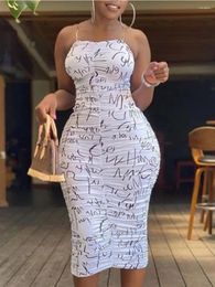 Casual Dresses LW Vintage Dress Letter Print Ruched White Mid Calf One Piece Overalls For Women Sleeveless Bodycon Vestidos