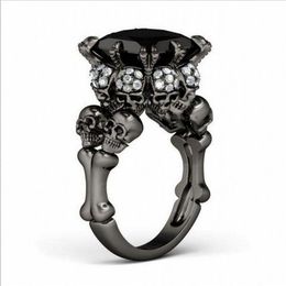 Brand Punk Jewellery Skull 10KT Black Gold Filled Demon Princess 5CT Black Sapphire Cocktail Wedding Bands Ring for Women Men294B