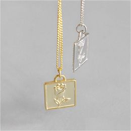 Charms 925 Sterling Sier Rose Flower Necklaces Simple Geometric Square Pendant Necklace For Women Joyas De Plata Jewelry Drop Delivery Dhjww