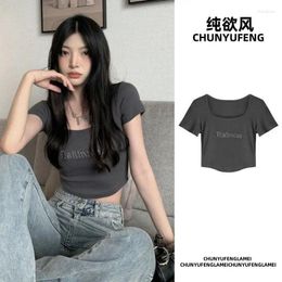 Women's T Shirts Embroidery Letter Shirt Crop Top Women Summer 2023 Square Collar Pullovers Woman Short Sleeve Tees Slim Fit Sports Tops