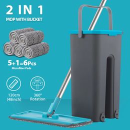 Flat Squeeze Mop with Spin Bucket Hand Free Wringing Floor Cleaning Microfiber Pads Wet or Dry Usage on Hardwood Laminate 231222