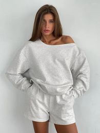 Women's Sleepwear Marthaqiqi Loose Grey Female Nightgowns 2 Piece Suit O-Neck Long Sleeve Nightwear Shorts Causal Home Clothes For Women