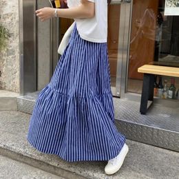 Skirts Womens Long White Stripe Skirt Patchwork Medium Elastic Waist A-line Vintage Female Summer Streetwear Casual Fashion