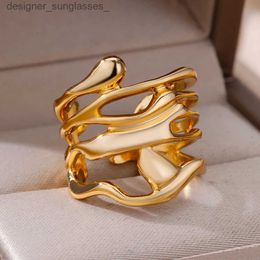 Band Rings Stainless Steel Rings For Women Men Gold Color Hollow Wide Ring Female Male Engagement Wedding Party Finger Jewelry Gift TrendL231222