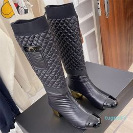 Winter Women Boots Designer Classic Metal Letter Electroplated Heel Eiderdown Over Knee Boots Waterproof Cloth Anti Slides Ladies Knight Boot