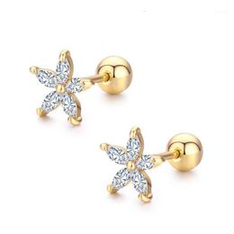 7Colors Cute Five Petals CZ Stones Flower Screw Back Stud Earrings For Women Baby Kids Girls Gold Colour Piercing Jewellery Aros1343T