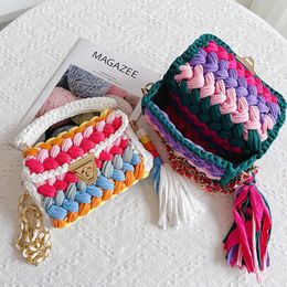 Evening Bags Handmade Women's Needle Hook Bag Designer Multi Colour Handbag Luxury Colourful Rainbow StripThread Hook Knitted Small Square Flap 231130