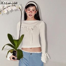 Women s Sweaters Xeemilo Elegant White Lace Up T Shirt Aesthetic Ribbed Long Sleeve Skinny Crop Tops French Gentle Autumn Female Pullover Top 231201