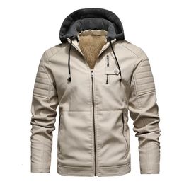 Mens Leather Faux Fashion Jacket Men Autumn Fleece Liner Pu Coats with Hood Winter Male Clothing Casual White Motorcycle Jackets 231201