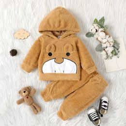 Clothing Sets Infant Unisex Boys and Girls Cartoon Brown Plush Bear Embroidered Hooded Long Sleeve Top Plus Pants Two Piece Set 231201