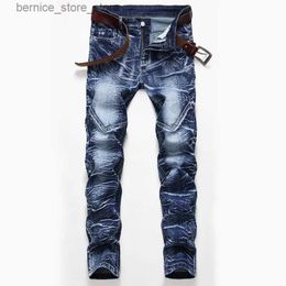 Men's Pants Snow Washed Patchwork Men's Straight Elastic Jeans Plus Size Vintage Patch Slim Denim Jeans Long White Cotton Men Jean Trousers Q231201