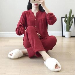 Women's Sleepwear Solid Color Pajamas Cotton Gauze Four Seasons Long-sleeved Home Service Suit Cardigan Can Be Worn Outside