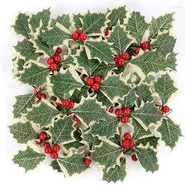 Decorative Flowers 10-50pcs Christmas Holly Leaves Artificial Red Berries DIY Wreath Xmas Tree Ornament Flower Year Party Gift Home