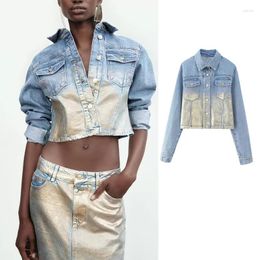 Women's Jackets 2023 Cropped Denim Jacket Women Fashion Metallic Jeans For Long Sleeve Bomber Woman Autumn Button Coat