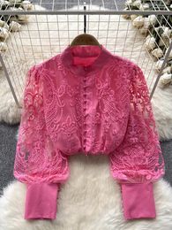 Women's Blouses Ladies Shirts Fashion Vintage Bohemian Mesh Embroidery Shirt Round Neck Long Sleeve Button Up Office Elegant Top