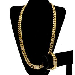 Stainless Steel Bracelets Necklace 24K Solid Gold Electroplate Casting Clasp W Diamond Cuban Link Necklace & Bracelet For Men Curb259q