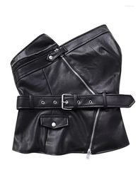 Women's Tanks Sexy Women PU With Belt Black Faux Leather Zipper Slim Vest Female 2024 Spring Summer Streetwear Ladies Club Mini Tops