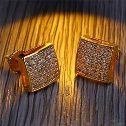 Hip Hop Full Diamonds Ear Studs for Men Geometry CZ Gold Plated Stud Earrings Real Gold Plated Copper Jewelry234Q