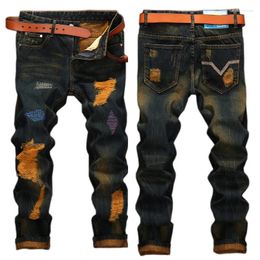 Calça jeans masculina com design arruinado, rasgada, tamanho grande, reta, solta, calça jeans de marca