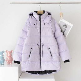 Women's medium length down jacket with white duck down for warmth, cold resistance, and a fashionable hooded jacket with a waist 1s