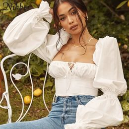 Women s Sweaters Nibber White Puff Sleeve Tie Front Top Women Blouse Shirts Elegant Sexy Backless Crop Tops Long Fashion Blusa 231201