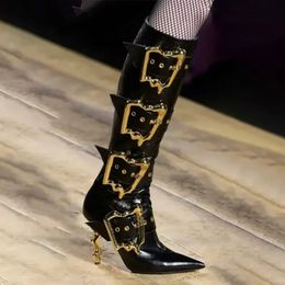 Boots 2023 Autumn and Winter Gold Buckle Design Knee Fashion Elegant Pointed Toe High Heels Ankle Boot Brand Big Size 43 44 231130