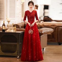 Party Dresses Wine Red Bridal Wedding Reception 2023 Luxury Appliques A-Line Floor-Length Long Evening Gowns With Sleeves