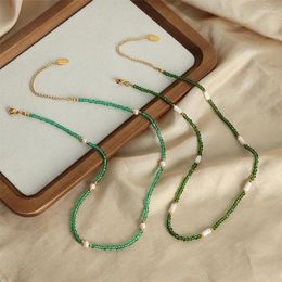 Choker Minar Stylish Green Natural Stone Jade Freshwater Pearl Strand Beaded Necklaces For Women 18K Gold Plated Stainless Steel