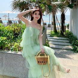 Casual Dresses 2023 Summer Women Beach Dress Cake Spaghetti Strap A-line Ankle Length Long Design Mesh Vestidos Female