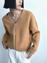 Women's Knits Winter Clothes For Women Sweaters 2023 Solid Casual Loose Cardigan Bomber Coat Zip Up V Neck Long Sleeve Knit Sweater