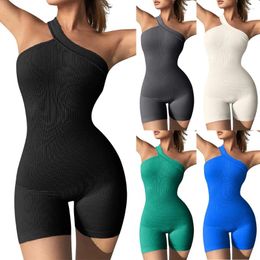 Active Pants One-Piece Yoga Fitness Shorts Jumpsuit Women Fashion One Shoulder Solid Ribbed Sleeveless Slimming Casual Bodysuit