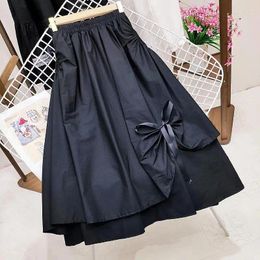 Skirts 2023 Autumn Black Womens Korean Fashion Solid Color Big Swing Female Skirt Long Cute High Waist Bow